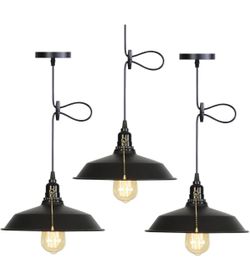 3pc Set Pull Chain Barn Light Fixture Pull String Pendant Light,Matte Black Industrial Farmhouse Flush Mount Ceiling Light,Adjust Height
