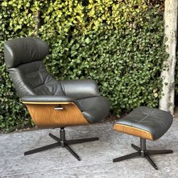 Modern Gray Leather Recliner Reclining Lounge Swivel Chair Ottoman Set