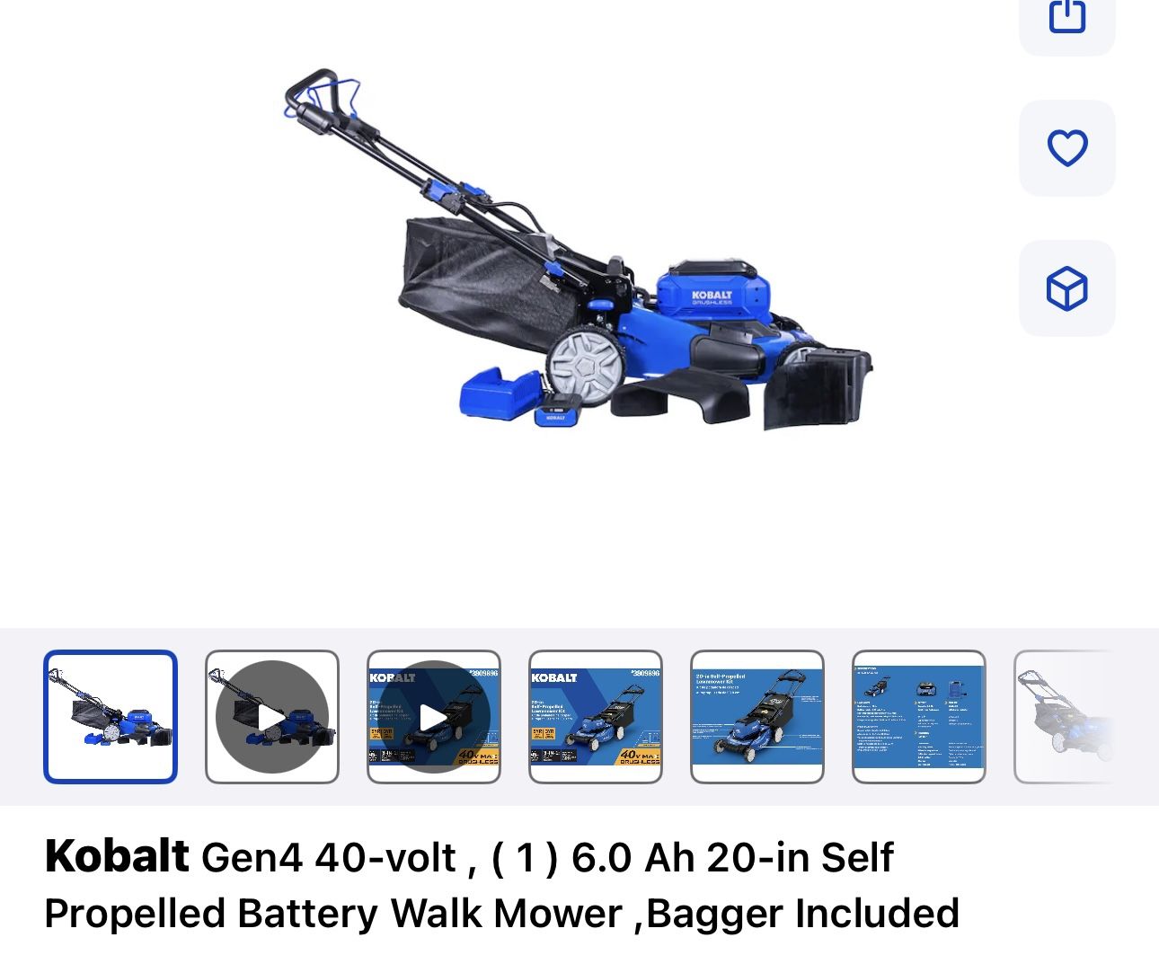 Kobalt Gen4 40-volt, (1) 6.0 Ah 20-in Self Propelled Battery Walk Mower ,Bagger Included
