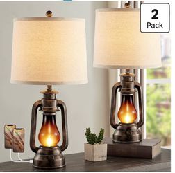 25’’Farmhouse Lantern Table Lamps for Living Room Set of 2 with USB C+A