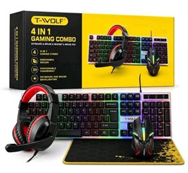 T-WOLF 4-in-1 Wired Gaming Combo Keyboard Mouse Headset Pad RGB 2400 DPI