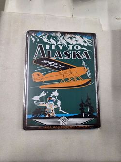Fly to Alaska float plane faux vintage metal sign