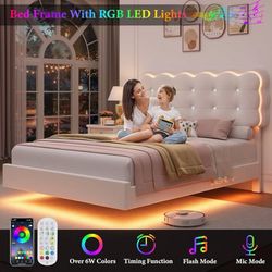 Full Size LED Bed Frame with Charging Station and Adjustable Crystal Button-Tuft