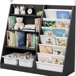 Kids Bookshelf Wood Toy Storage Organizer Cabinet Children Bookcase Toddler Baby Sling Book Rack Adjustable Shelf for Playroom Bedroom Nursery H