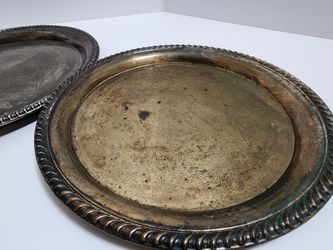 Vintage Silver Plated Etched Serving Trays & Pedestal Cake Stand, Rope Trim Edge (3)