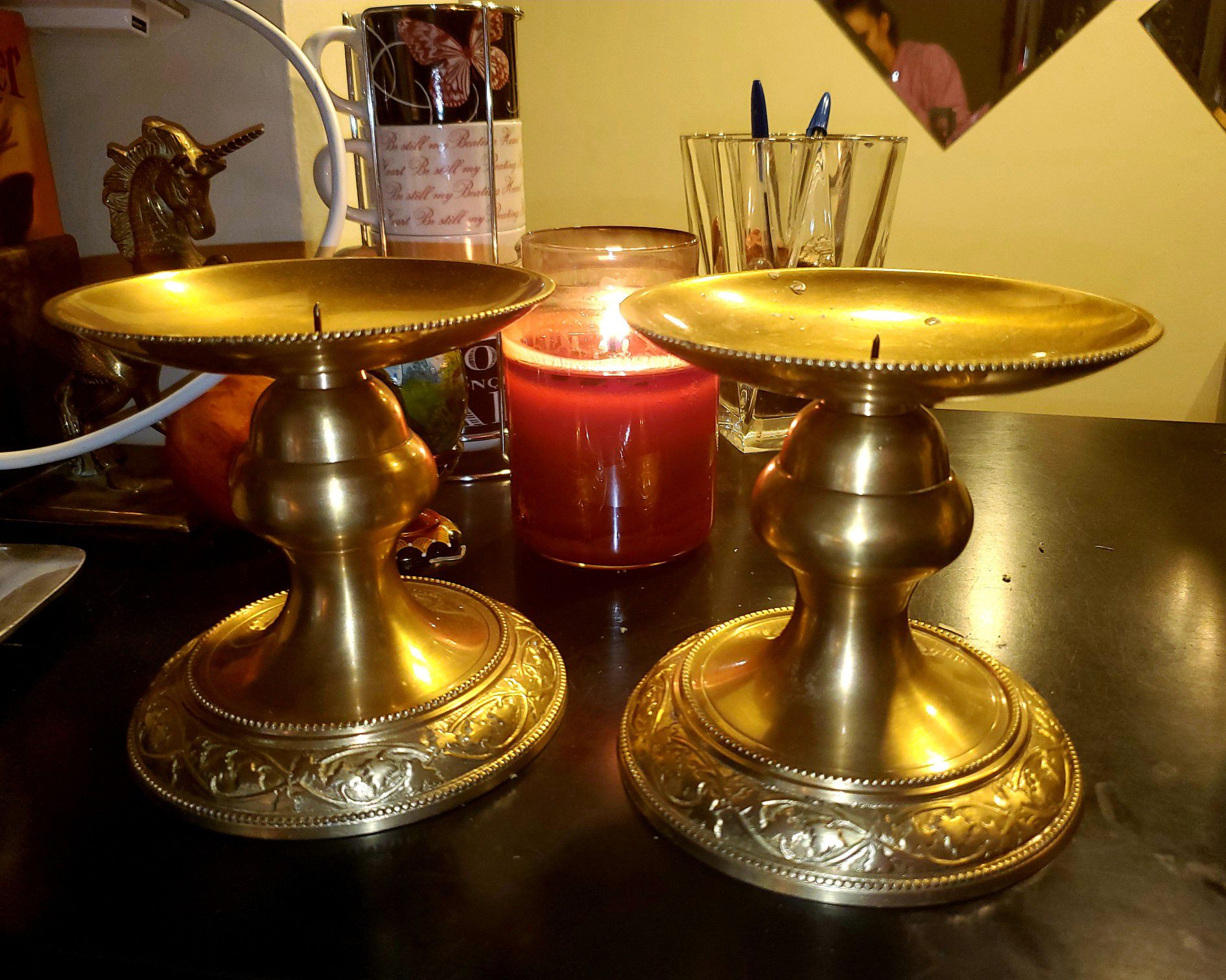Solid Brass Antique Skillfully Handcraved Candle Set