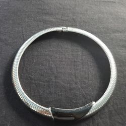 Vtg Silvertone & Black Enamel Omega Chain Choker Necklace