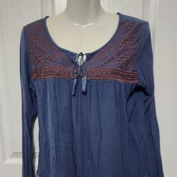 Cape Juby Blue Sz L Rayon Airy Boho Shirt Blouse Top Embroidered Long Sleeve