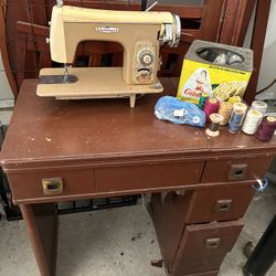 Antique Sewing Machine With Original 4 Drawer Desk