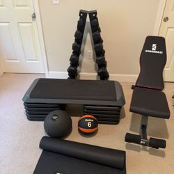 Dumbbell Set, Rack, Bench, Aerobic Step Platform w 5 Risers, 2 Medicine Balls, Floor Mat