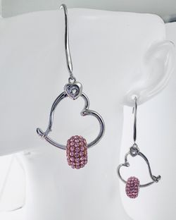 925 Sterling Silver Heart Earrings With 2 Pink Crystals Charms , The Earring Can Open Can Put All Pandora Charms On 
