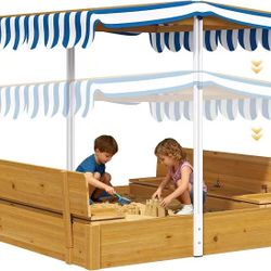 Sand Box with Lid and Cover -Sandbox with Adjustable Canopy, Storage and Bottom Liner Wooden Sand Pit Bench for Backyard Outdoor Indoor Playgrounds fo