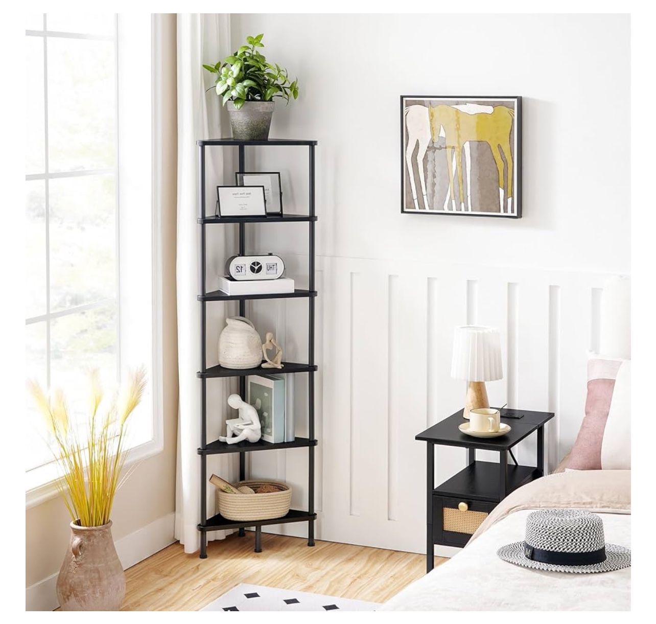 Corner Shelf Stand, Industrial 6-Tier Corner Bookshelf with Metal Frame
