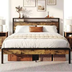 LIKIMIO Queen Bed Frame with 2-Tier Storage Shelf Headboard Dark Wood Platform Bed, Camas Queen with Strong Metal Supports, Sturdy, Noise-Free, No Box