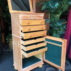 Blonde Oak Jewelry Cabinet Armoire with Mirror - 41H, (54H mirror up) - 20W x 14D - 6 drawers and door By Powell 