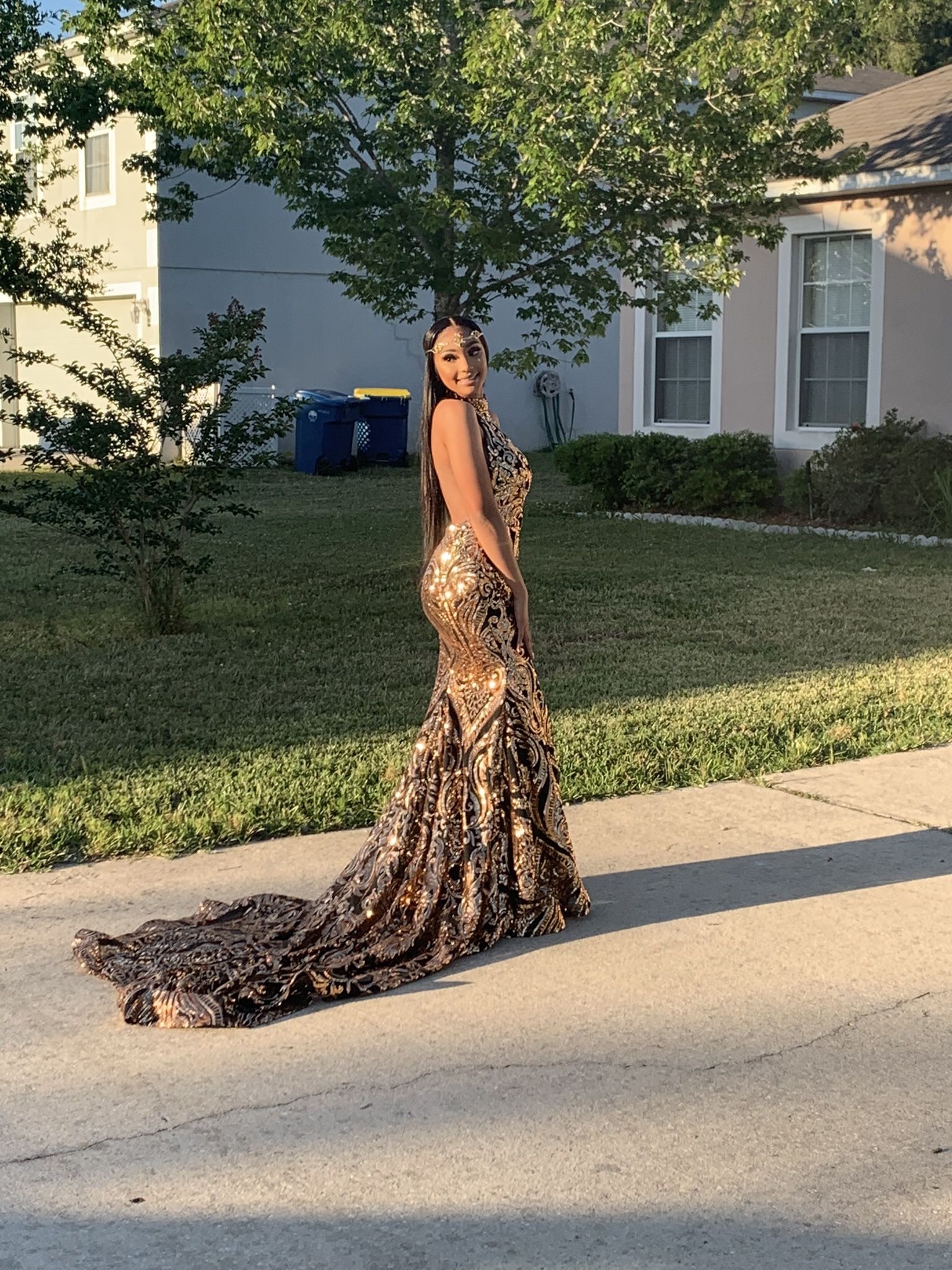Gold and Black Sequin Prom Dress