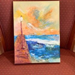 "O'Side Pier Sunset"  ~ 9" x 12" Original Oil 