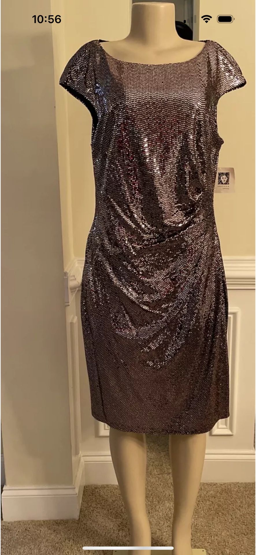 Anne Klein Womens RoseGold/Sequined Party Dress Mock Neck Midi Dress 14