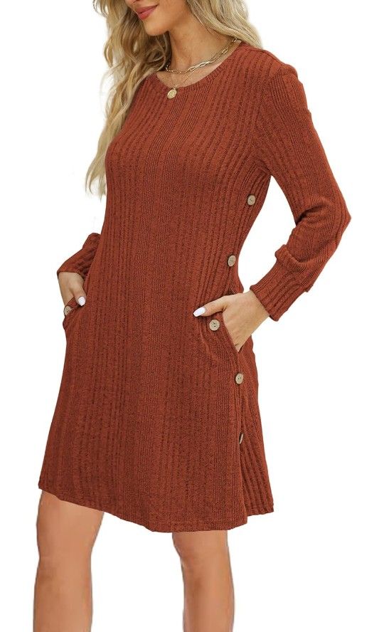 Long Sleeve Dress for Women Basic Crew Neck Tunic Dresses with Pockets Button