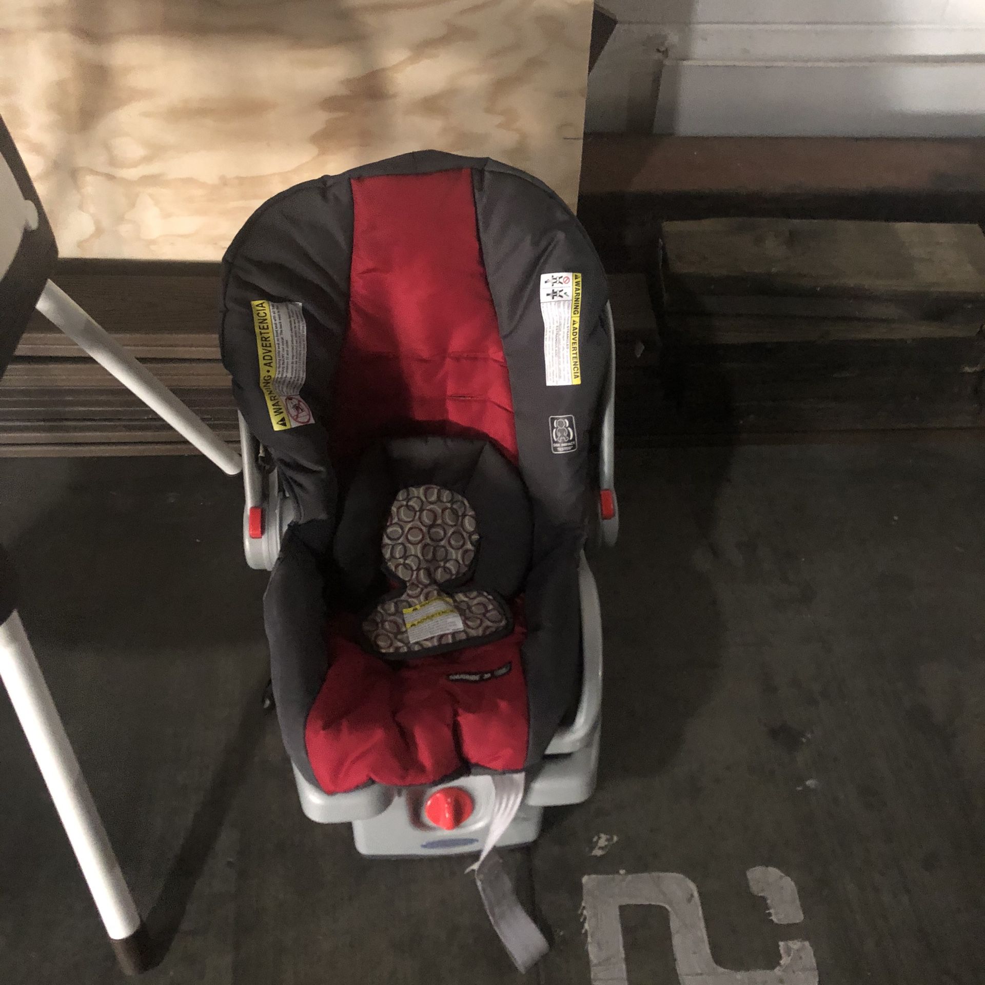 Car seat, high chair, and baby crib.