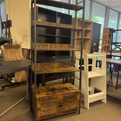 Bookshelf with Louvered Doors, 4-tiers Ladder Shelf with Storage Cabinet, Rustic Brown $95