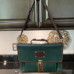 Rare Vintage Genuine Leather Messenger Briefcase 15x11” Green & Brown w/GM Logo 