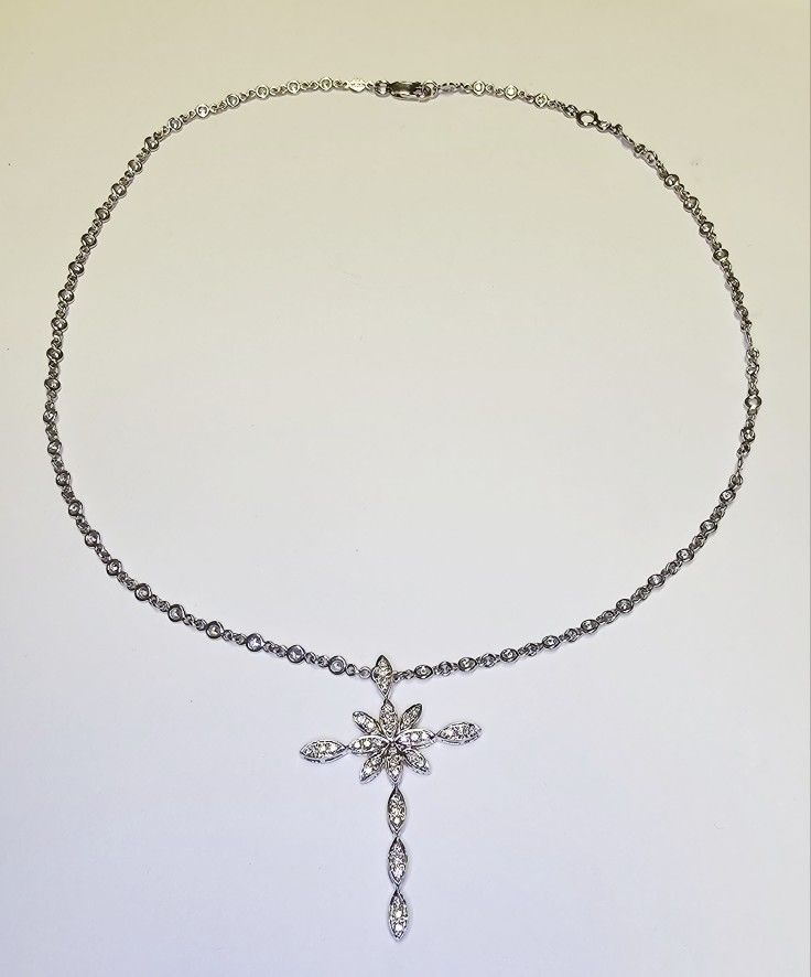 18k Gold Natural Diamond Tennis Necklace Cross Pendant #13939