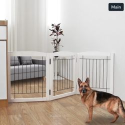 ZJSF Freestanding Foldable Dog Gate for House Extra Wide Wooden White Indoor Pup