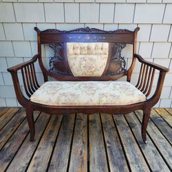 ANTIQUE EDWARDIAN SETTEE Inlaid Floral Wood MOP UPHOLSTERY 