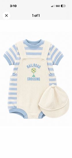 Guyz&Dollz 6-9M Blue/White Striped Railroad Romper Bodysuit Hat 2pc