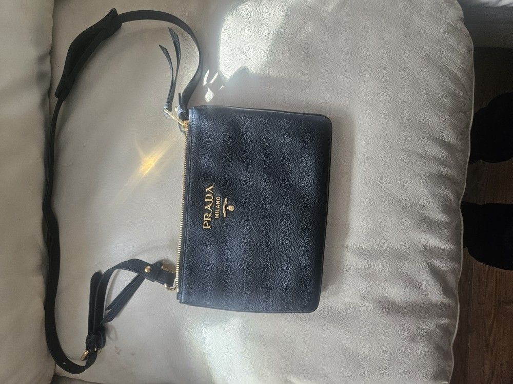 Prada 1BN079 Black Double Zip Vitello Phenix Pebbled Leather Crossbody Bag