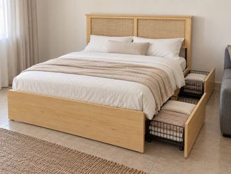 Queen Rattan Bed Frame with 4 Storage Drawers