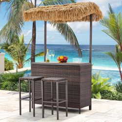 Outdoor Tiki Bar Set, 3 Pieces Wicker Patio Bar Set w/2 Height Stools, Storage Shelf, Canopy, Plastic Wood Tabletop for Backyard Poolside 