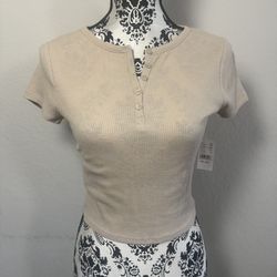 PacSun Est. Pac Women's Crop Top T-Shirt Sz S Beige Waffle Knit NWT