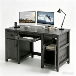 Farmhouse-style computer desk. Comes with a pull-out keyboard tray, drawers, in dark gray, 58"W × 22"D × 29.5"H