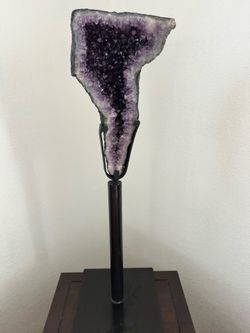Stunning 18” x 10” Brazilian amethyst on custom steel stand that rotates 360 degrees