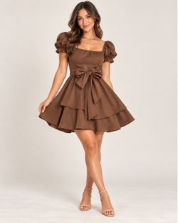 Fall Dress - Brown Puff Sleeve Tiered Mini Dress
