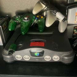 Nintendo 64 (n64) / Expansion Pack / Two Controllers (one Original One After Market) Games And Memory Card Shown