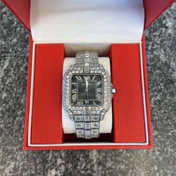 Iced Out Silver And Black Cartier Watch