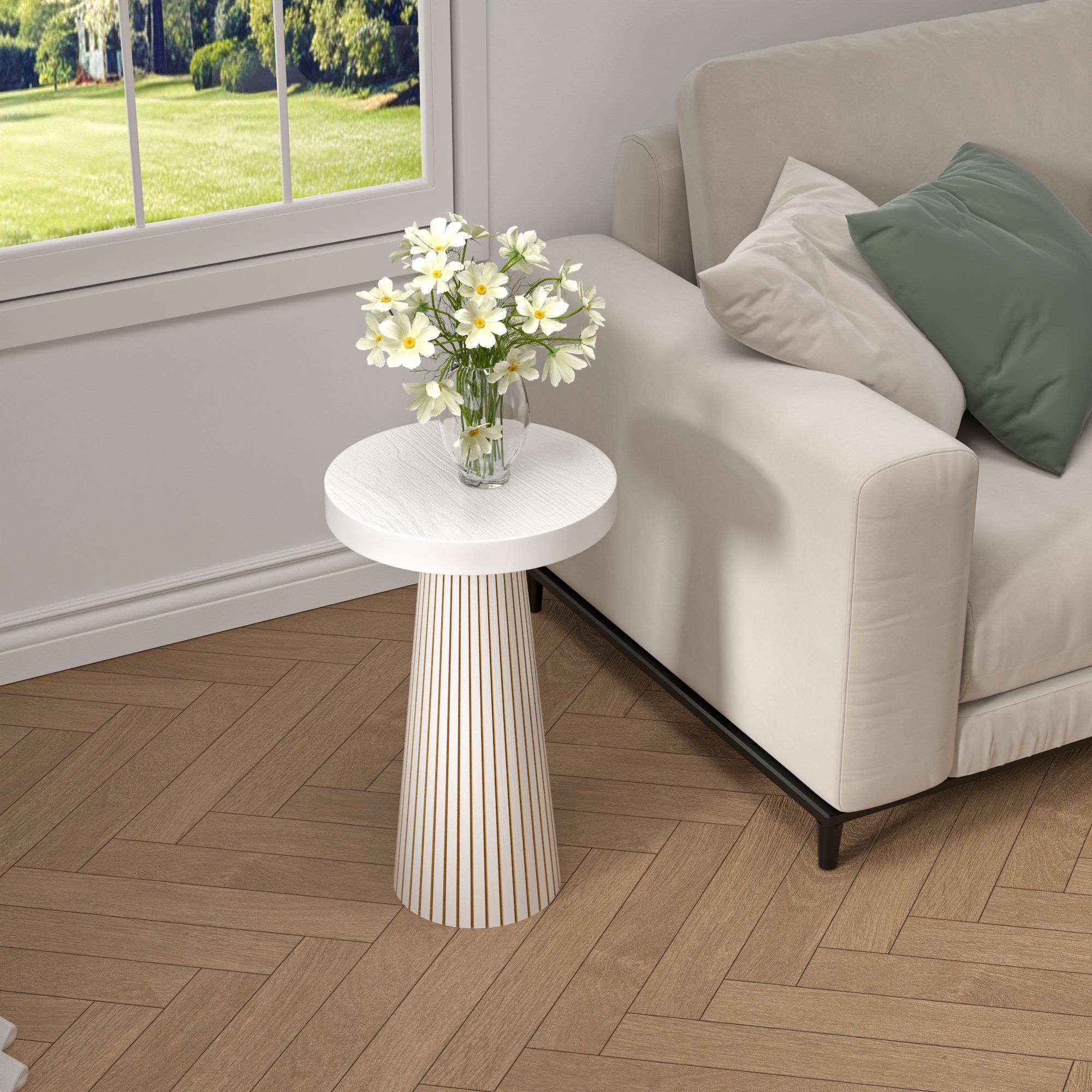 Side Table, Small Round End Table with Fluted Accent, Mid-Century Modern Nightstand for Small Space Living Room, Bedroom