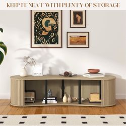 Fluted TV Stand with Storage Cabinet, 59″ Media Console with Sliding Tambour Door, Mid Century Modern Entertainment Center for Living Room, Oval Light