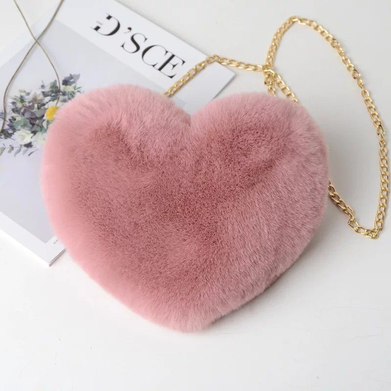 Pink Fashion Women's Heart Shaped Handbags Cute Kawaii Faux Fur Crossbody Bags Wallet Purse Plush Chain Shoulder Bag Lady Handbag