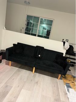 Black velvet suede futon sofa bed couch (with FREE pillows)