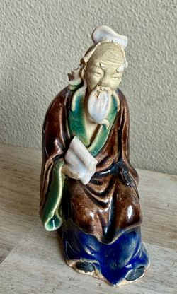 Vintage Chinese Shiwan Mudman Clay Figurine Hand painted Elder Scholar Sage 4.5" 