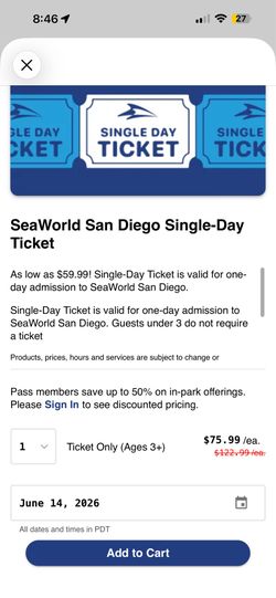 SEAWORLD TICKETS FOR TODAY 6-14-2027