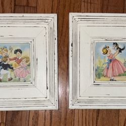 2-Vintage Mid Century framed Lambert Art Prints Shabby Chic Distressed Frames