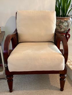 Mahogany Wood and Wicker Upholstered Accent Arm Chair