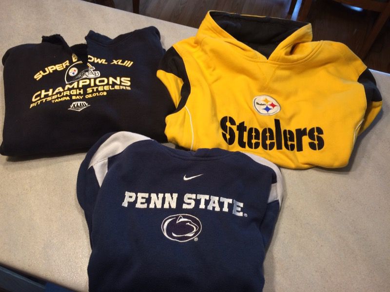 Steeler sweatshirt bl. Size M $20, yellow Size M/L $20 & Penn State Nike blue/white Hoodie Size M $20!