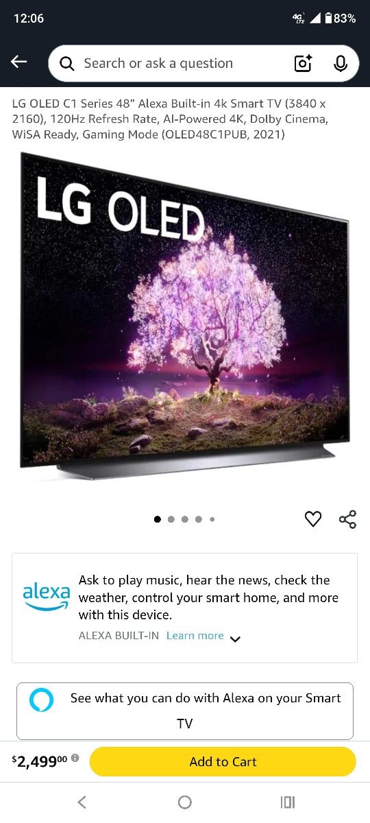 2022 LG C1 48 Inch OLED 4k 120hz Smart Tv
