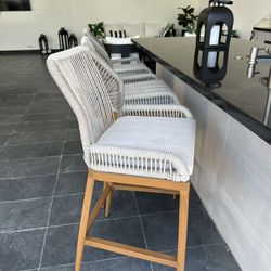 Rattan Woven Bar Stools Wooden Legs Coastal Cushion Seat Indoor Outdoor Kitchen Counter Stools